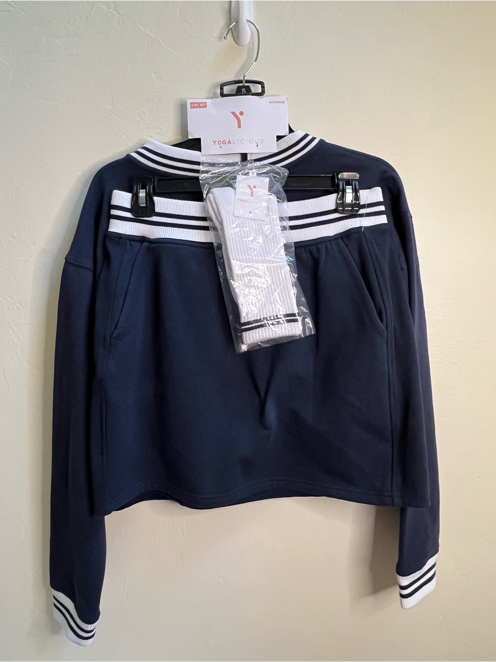 Yogalicious Navy V-Neck Sweater, skirt and socks‎ set with White Stripe Trim
